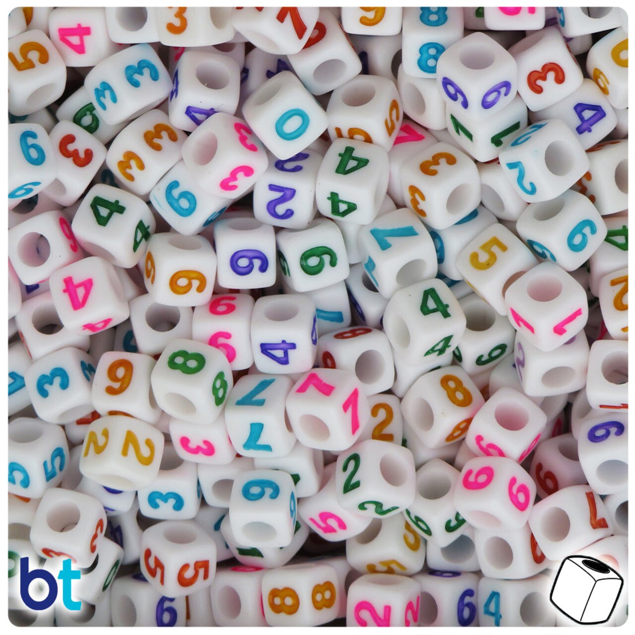 BeadTin White Opaque 7mm Cube Plastic Alpha Beads - Colored Number Mix (200pcs)